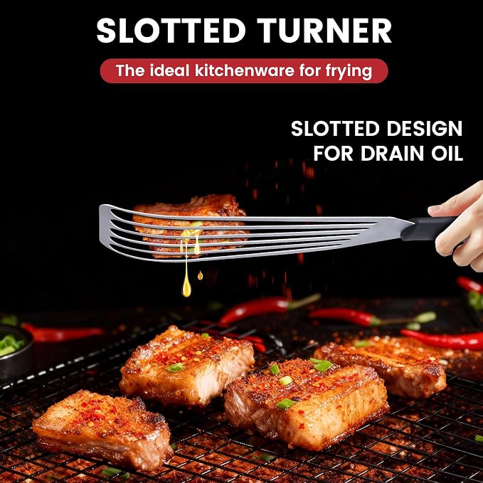 Stainless Steel Fish Spatula, Flexible and Thin Edge, Fish Turner for Kitchen Use, Slotted Mental Spatula with Heat Resistant Silicone Handle