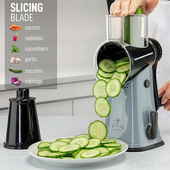 Zulay Kitchen Rotary Cheese Grater 5 Blade Cheese Shredder - Manual Hand Crank Cheese Grater With Reinforced Suction & 5 Interchangeable Drums - Easy to Use, Vegetable Chopper Round Mandoline Slicer