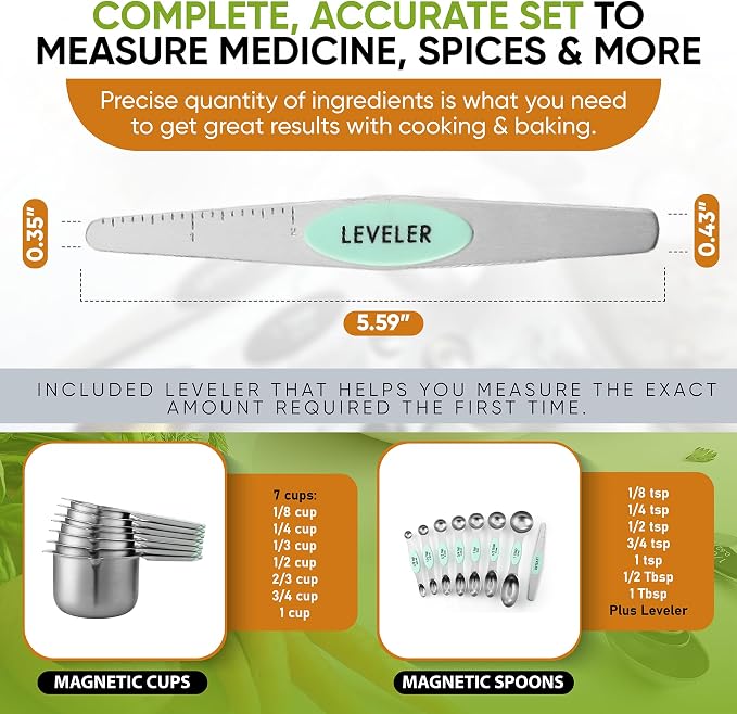 Spring Chef Magnetic Measuring Cups & Spoons Set of 15, Patented, Mint | Stackable Stainless Steel Measuring Cups & Heavy Duty Metal Measuring Spoons with Levelers for Dry & Liquid Ingredients