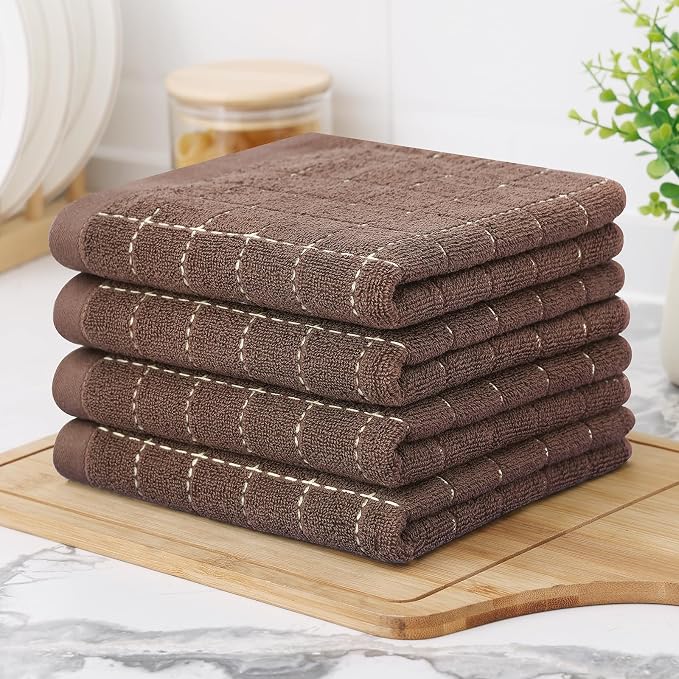 Homaxy 100% Cotton Terry Kitchen Towels, 4 Pack, Brown | Ultra Soft and Absorbent Dish Towels for Kitchen, Suitable for Drying and Washing Dishes