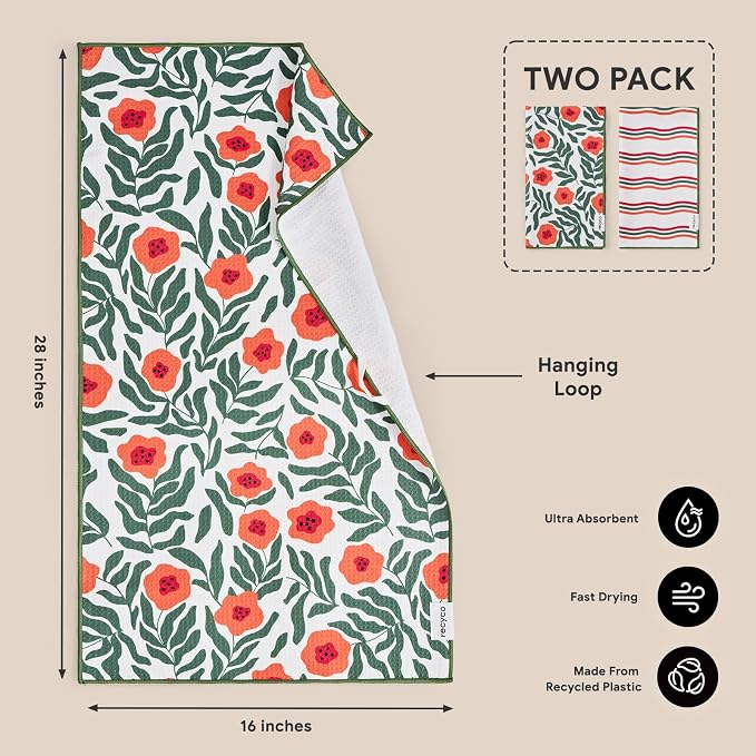 RECYCO Waffle Kitchen Towel Set of 2 - Quick Dry Microfiber Sustainable Dish Towels - Ultra Absorbent Reusable Cleaning Tea Towels - Lightweight Hand Towels,16”x 28”, Poppy Waves
