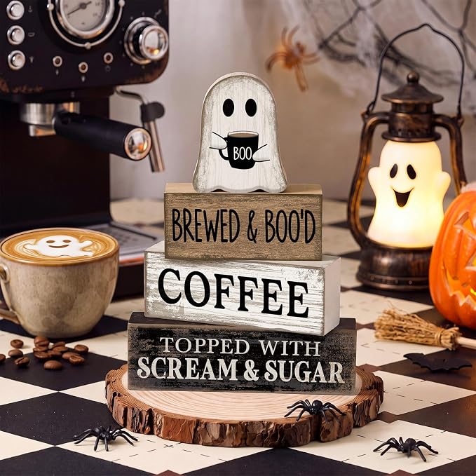 Lineshading 4 Pcs Halloween Ghost Blocks, Wooden Coffee Farmhouse Decor | Tiered Tray Decor for Home, Coffee Bar Table Decoration, Stacking Blocks with BOO Topper, Rustic Halloween Accents