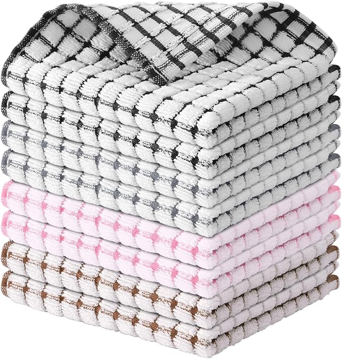 Kitinjoy Cotton 8 Pack Terry Kitchen Dish Cloths, Mix Color | 12 x 12 Inches Super Soft and Absorbent Dish Rags, Quick Drying Dish towels for Washing Dishes