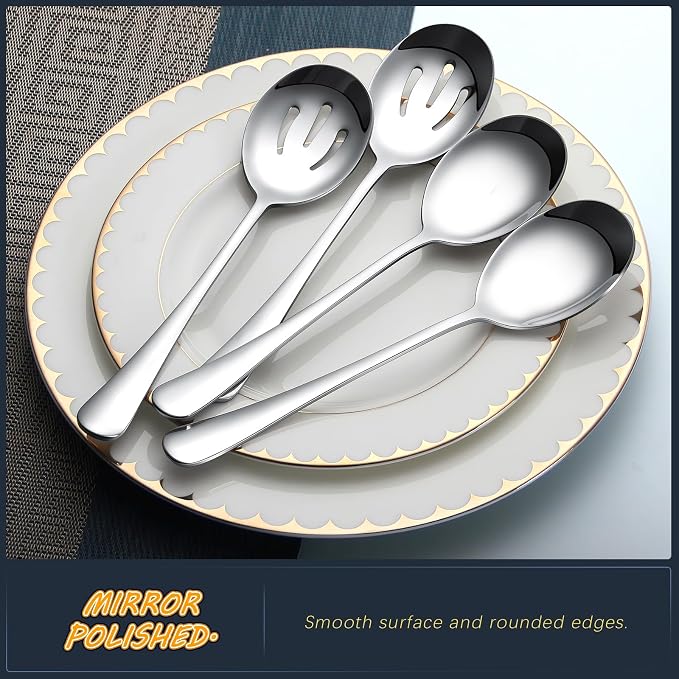 4-Piece Serving Spoon Set - Includes 2 Serving Spoons and 2 Slotted Spoons, Large Cutlery for Catering Buffet, Mirror Polished, Dishwasher Safe, 8.7 Inches