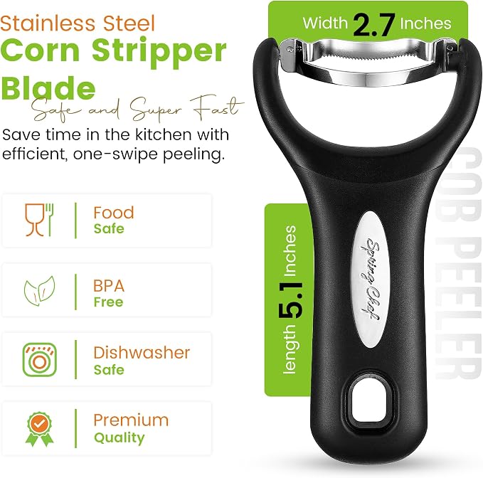 Spring Chef Stainless Steel Corn Peeler, Corn on the Cob Stripper Tool, 2Pk | Durable Corn Kernel Remover Tool with Ergonomic Handle – Easy to Use Kernel Cutter - Dishwasher Safe Corn Cutter, Black