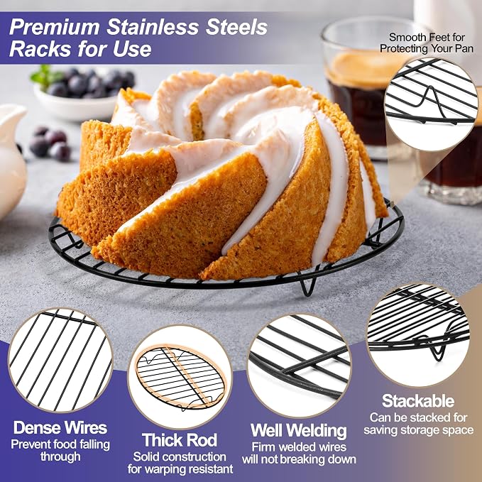 P&P CHEF 7.5 Inch Cooking Rack Round for Steaming Cooling, Black, 2 Pack | Stainless Steel Round Wire Rack for Baking Grilling, Roasting, Fits Air Fryer, Steamer Pot, Oven & Dishwasher Safe