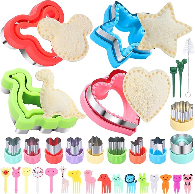 BakingWorld Sandwich Cutter and Sealer Set,14 Pcs Sandwich Maker Bread Cutters DIY Cookie Cutters Fruit Vegetable Cutter Shapes for Kids Boys & Girls Bento Lunch Box with 16 pcs Animal Food Picks