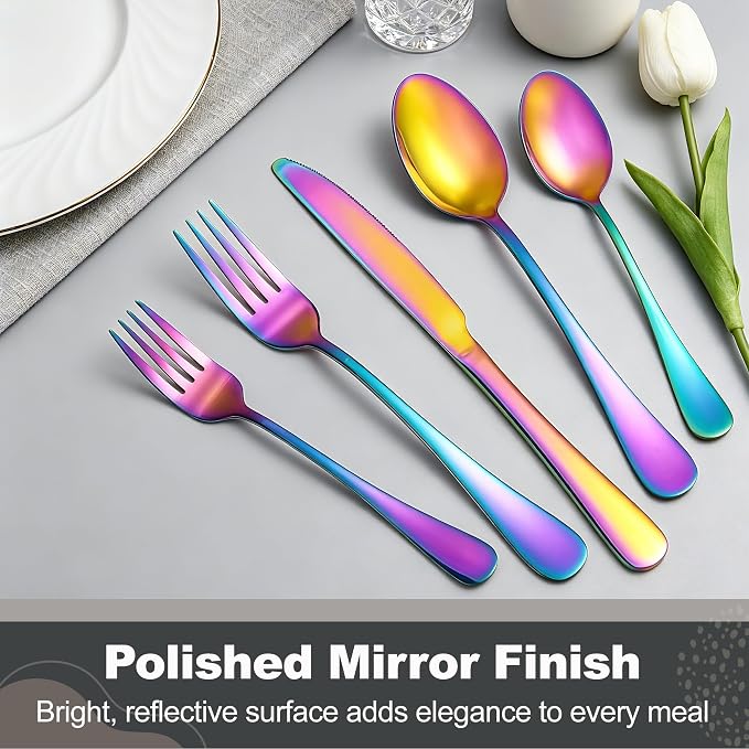 Runfly 60-Piece Rainbow Flatware Set, Stainless Steel Cutlery Set for 12 | Mirror Polished Durable Utensil Set Includes Knife Fork Spoon for Home Kitchen Restaurant Tableware