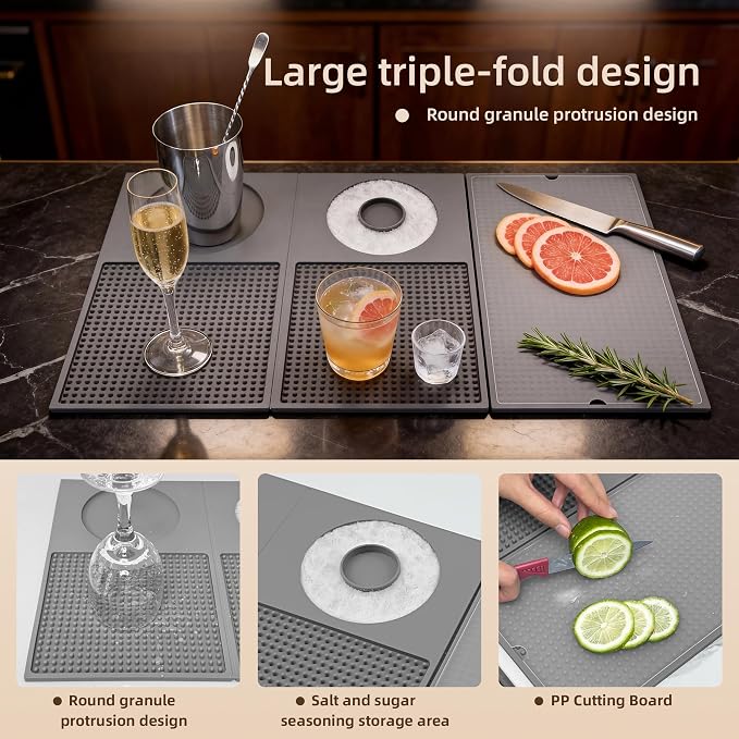 ZJWZLG 22"x12" Trifold Bar Mat with Cutting Board — 3-Zone Bartender Station, Extra Large Silicone Cocktail Mat, Folding Drink Prep Mat for Home Bar, Portable Bartending Accessories, Wipe-Clean(Grey)