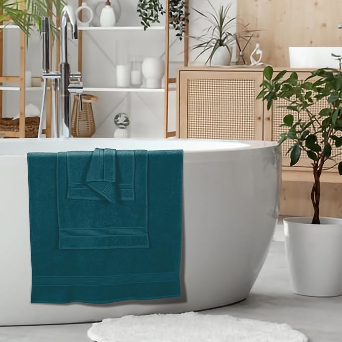 Ultra Soft 6 Pack Cotton Towel Set, Contains 2 Bath Towels 28x55 inch, 2 Hand Towels 16x24 inch & 2 Wash Coths 12x12 inch, Ideal Everyday use, Compact & Lightweight - Teal