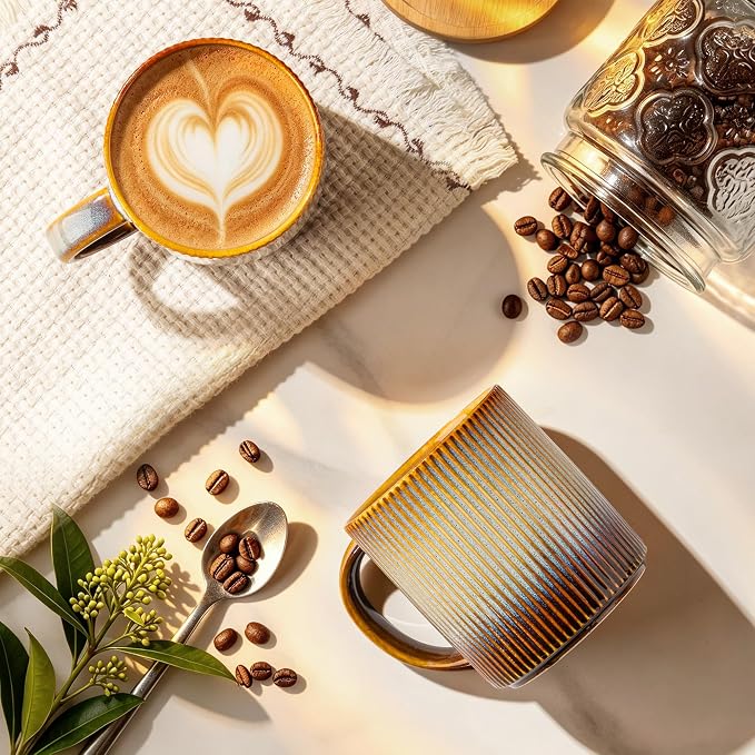 theterra Ceramic Coffee Mugs Set of 6, 14.2 oz Coffee Cups with Handle | Handmade, Suitable for Latte, Tea, Milk, Beer & Hot Cocoa, Dusk Blue