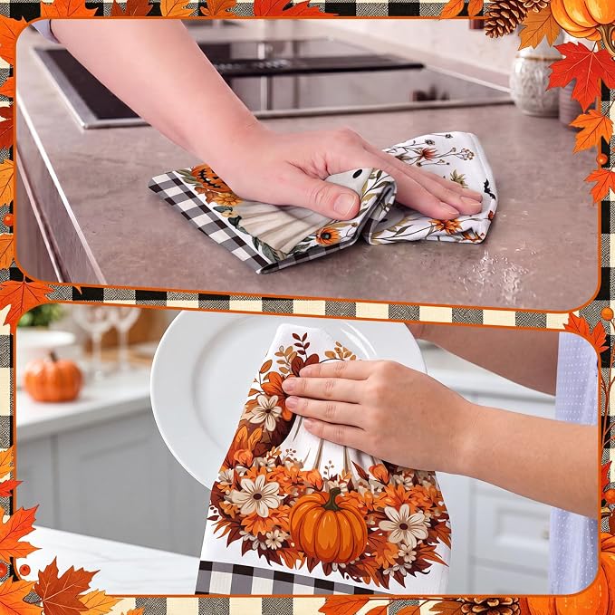 4 Pcs Fall Kitchen Towels, Ghost Pumpkin Hand Dish Clothes Gifts | Absorbent Fast Drying Decorative Towels, Buffalo Plaid Farmhouse Halloween Kitchen Decor, Housewarming Gifts