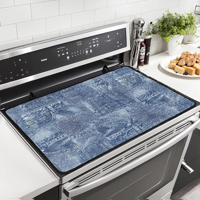 Denim Patchwork Style Stove Top Covers for Electric Stove, Jean Print Patchwork Glass Stovetop Cover with Lanyard Blue Miscellaneous Countertop Protector Mat for Kitchen 28 x 20 Inch