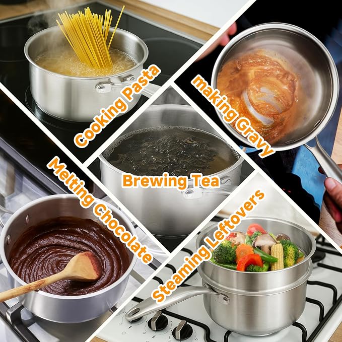 Ohtomber 2.5 Qt Tri-Ply Stainless Steel Saucepan with Steamer Basket & Lid | Nonstick, Saucepan with Stay-Cool Handle, Induction Safe, Medium Cooking Pot, Ideal for Vegetables, Oatmeal, Daily Steaming