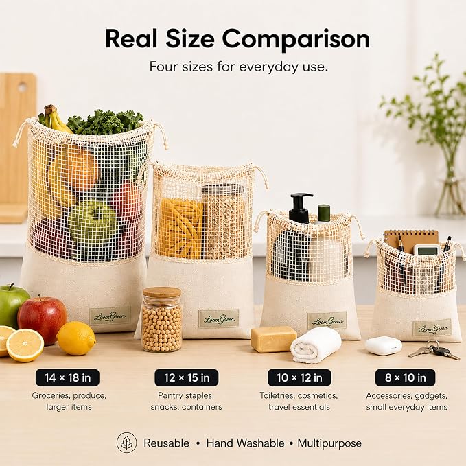 Multi-Purpose DrawString Bags - Canvas and Cotton Mesh Bags | Reusable Grocery, Laundry, Travel Organizer
