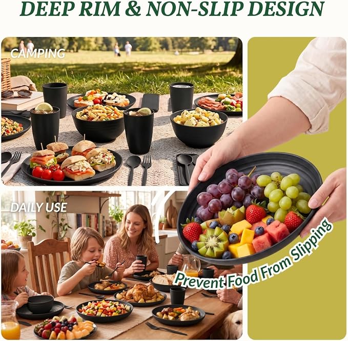 28 PCS Unbreakable Plates and Bowls Set Wheat Straw Dinnerware Sets Microwave & Dishwasher Safe Lightweight Camping Dishes Set for 4 - Dinner Plates, Plastic Bowls, Kitchen Cups (Black)