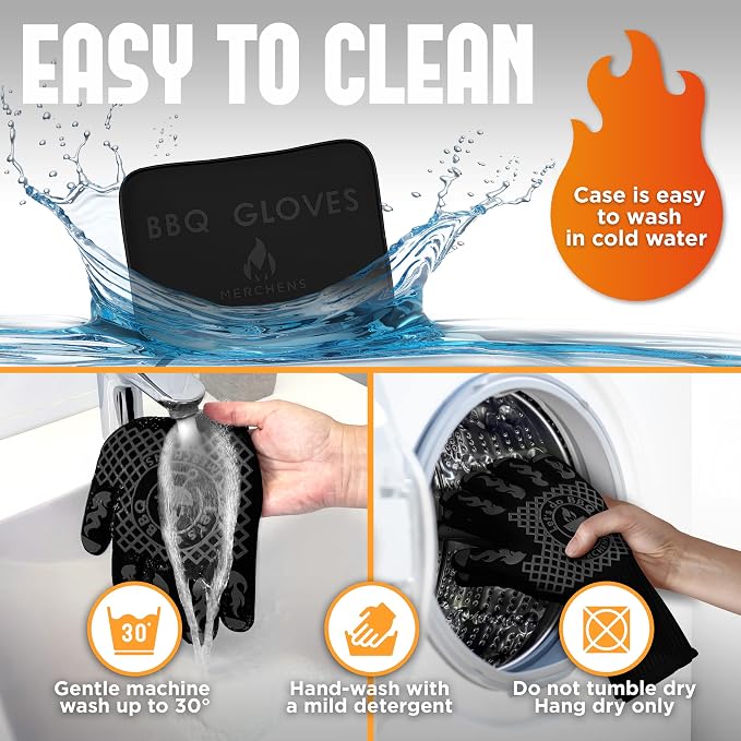 BBQ Grill & Oven Gloves 1472°F Heat Resistant | Storage Case & Gift Box | Fireproof, non-slip silicone mitts, extra-long protection for grilling, smoking & baking | Pro Series BBQ gloves - Easy clean