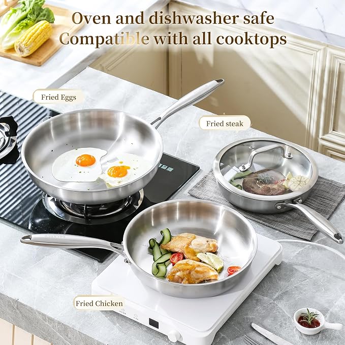 DELARLO Tri-Ply Stainless Steel Pan,18/10, 8",10,12" | Nontoxic Durable Oven Safe 800℉ All Cooktops Compatible Fast Even Heat PFOA Free Large Frying Pan Nontoxic Cookware