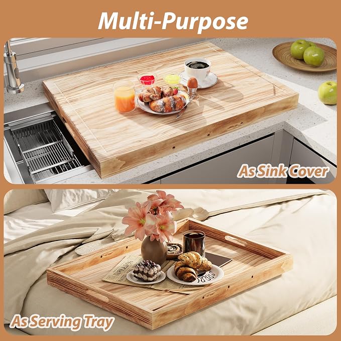 Wooden Stove Top Covers for Gas Burner and Electric Stove, Glass Cooktop Protector, Wood Noodle Board Stovetop Cover With Handles, Rustic