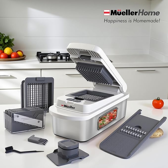 MUELLER HOME Pro-Series 10-in-1, Stainless Steel Multi Vegetable Chopper | 8 Blade Mandoline Slicer, Kitchen Accessories and Essentials, Food and Veggie Chopper, Mincer, Dicer, White Sand/Grey