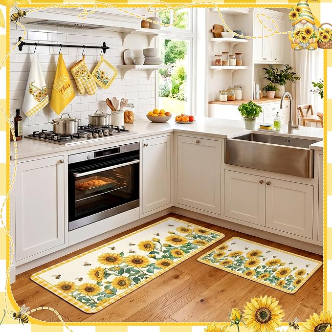 Fourluoo 10 Pcs Sunflower Kitchen Decor Set Sunflower Dish Towels Rugs Oven Mitts and Pot Holders Farmhouse Kitchen Decor Set for Women Mom Gift Cooking Baking Grilling