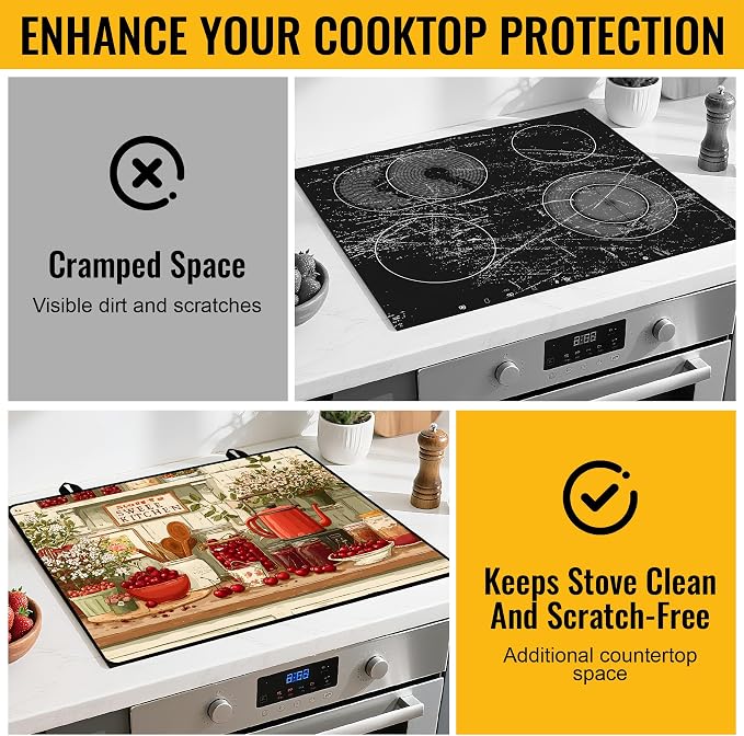 NYZE Stove Top Cover for Electric/Glass Stove, Flat Top Cooktop Protector, Electric Cooktop Cover, Extra Counter Space for Kitchen (Vintage Cherry Jar)