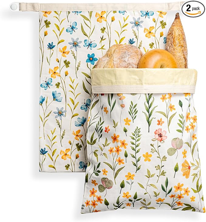 Bread Bags for Homemade Bread, Reusable Beeswax Bread Bag, 2 Pack Beeswax Bread Bags for Sourdough, Natural Cotton Beeswax Bags, Large Capacity