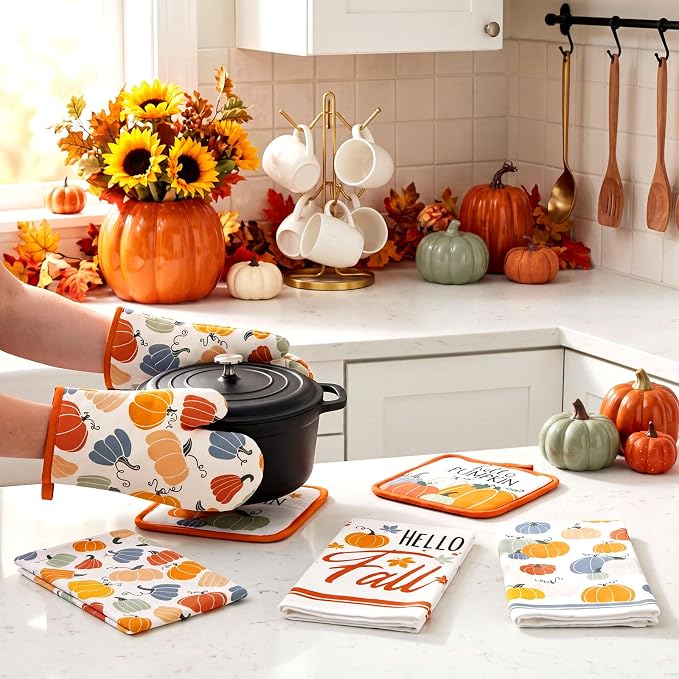 Fanfanwin 12 Pcs Fall Kitchen Decor and Accessories Set 6 Kitchen Towels 2 Pot Holders and Oven Mitts 2 Rugs Thanksgiving Towels for Baking Cooking BBQ Autumn Housewarming Gifts