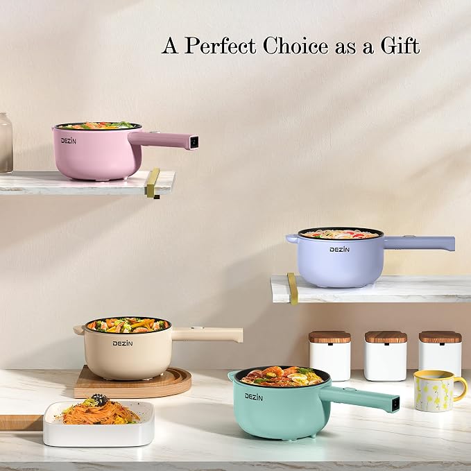 Dezin 2L Hot Pot Electric, Non-Stick Electric Pan, 700W Adjustable Power | Electric Pot for Cooking/Steak/Egg/Fried Rice/Ramen/Soup, Portable Pot for Dorm/RV/Family/Travel/Camping, Include Spatula