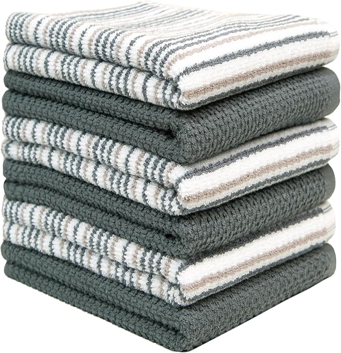 Bumble Kitchen Towels 6 Pack 100% Cotton 16"x26" - Grey Wide Stripe | 430 GSM Soft Kitchen Hand Towels with Hanging Loop, Highly Absorbent & Durable for Washing and Drying Dishes