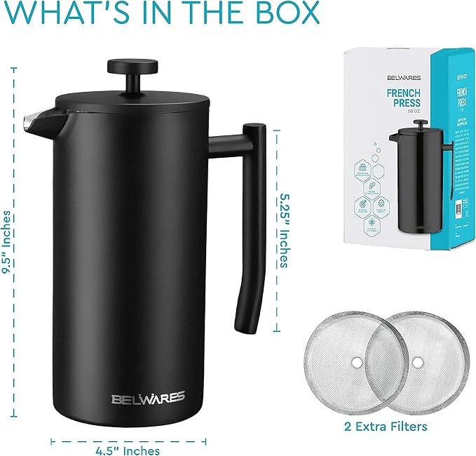 Large French Press Coffee Maker 50oz, 304-Grade Stainless Steel, Insulated | Double-Wall Coffee Press Keeps Hot, 4-Level Filter Blocks Grounds, Rust-Proof, 2 Extra Filters, Cold Brew, Matte Black (1.5L)