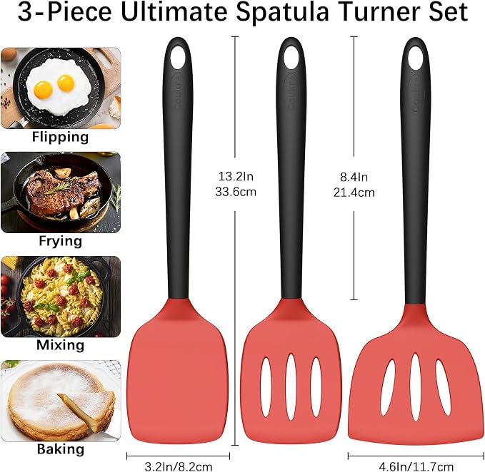 Coukre 3 Pack Silicone Spatula Set, Heat Resistant to 500°F, BPA-Free | Fish Spatula, Solid & Slotted Turners, Dishwasher Safe, Spatula Set for Eggs, Pancakes, Fish & Burgers, RedBlack