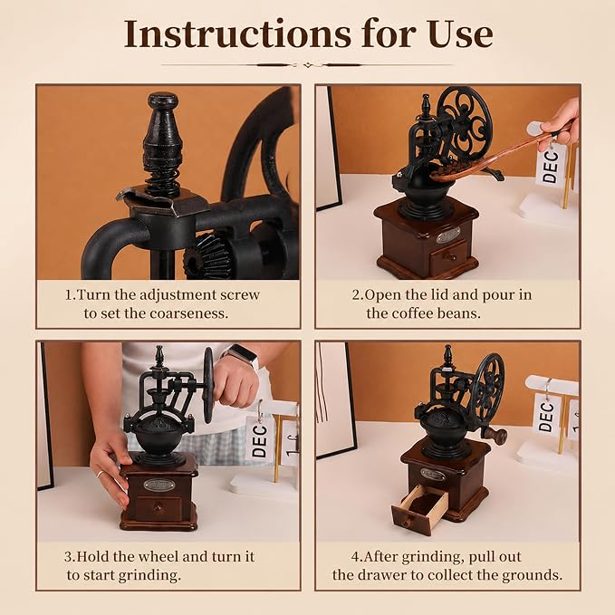 Vintage Manual Coffee Grinder with Cast Iron Ferris Wheel Hand Crank, Wooden Coffee Mill with Ceramic Burr, Adjustable Grind Size for Espresso, French Press, Pour Over, Home Barista Coffee Gift