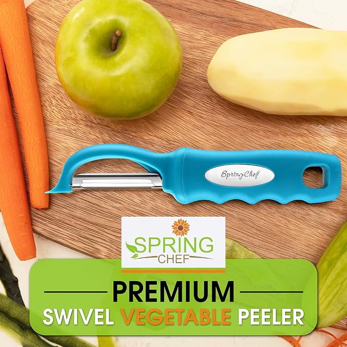 Spring Chef Swivel Vegetable Peeler for Kitchen w/Soft Grip Handle, Teal | Premium Potato Peeler w/ Ultra Sharp Stainless Steel Blades, Multifunctional Veggie Peeler for Apple, Carrot, Cucumber, Fruit