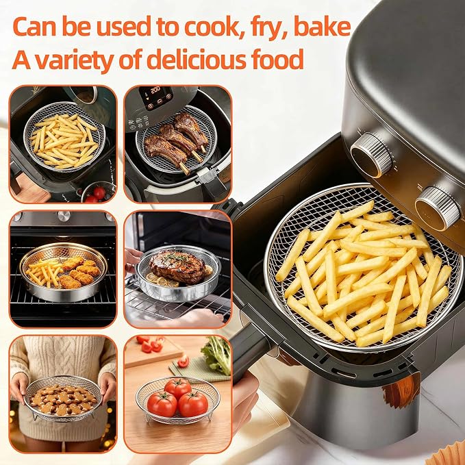 P&P CHEF 7.9'' Round Air Fryer Rack Set of 3, Air Fryer Basket for Grill | Stackable Stainless Steel Air Fryer Accessories for Roasting, With Anti-scalding Clip & Silicone Feet, Oven & Dishwasher Safe