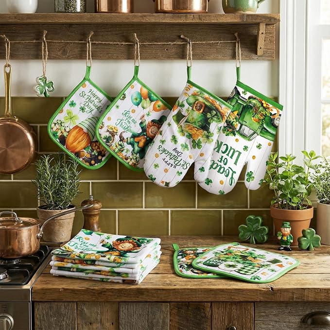SiliFine 12 Pcs St. Patrick's Day Kitchen Towels Pot Holders and Oven Mitts Set 4 Green Clover Dish Towels 4 Shamrock Leprechaun Coins Oven Mitts 4 Gnomes Potholders for Xmas Dish Baking Decorative