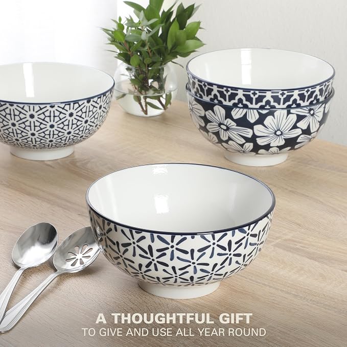 Gibson Home Castle Way 4-Piece Large Serving Bowl Set, 8 Inch Round Stoneware Bowls, Blue & White Assorted Pattern, Decorative Everyday Use