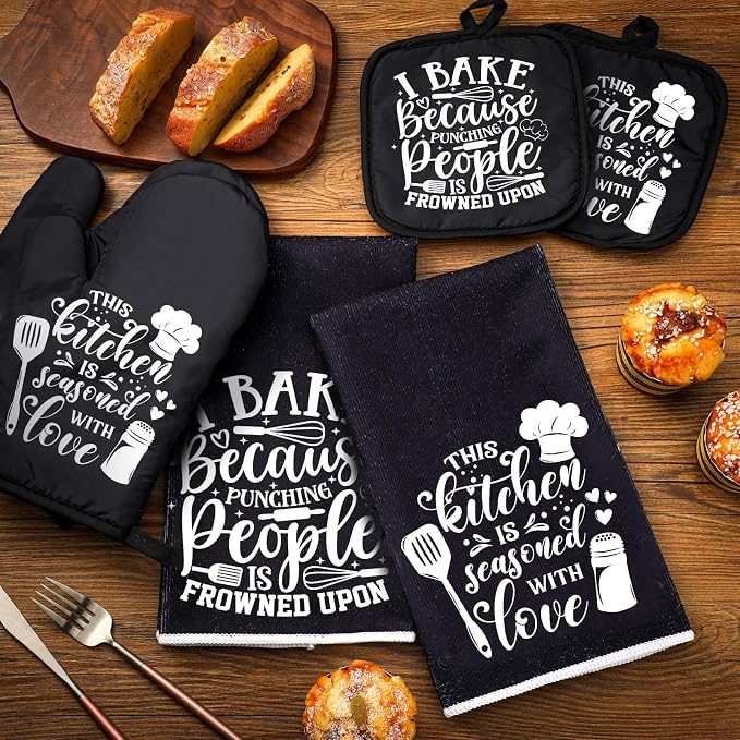 Sratte 6 Pcs Kitchen Decor Accessories Set Set, Baking, Black | Farmhouse Kitchen Towels Pot Holders Oven Mitts Set 2 Dish Towels 2 Potholders 2 Cooking Mittens for Baking Cooking Supply