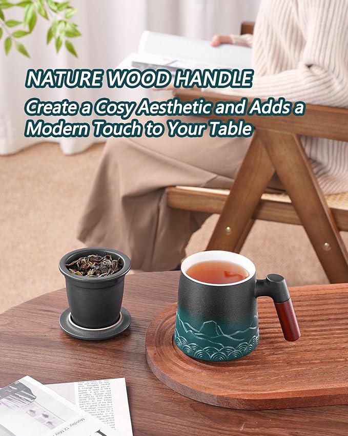 ZENS Tea Mug with Infuser and Lid for Loose Tea Steeper, 16.9oz Green | Embossed Ceramic Tea Cup with Infuser for Herbal Tea Difussers, Tea Lovers Gifts, Nature Wood Handle