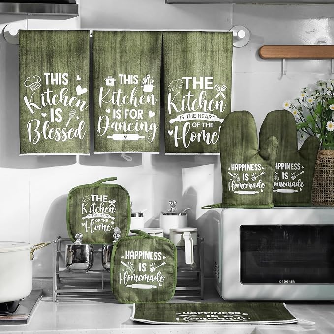 Leinuosen 8 Pcs Kitchen Towels and Oven Mitts Sets Pot Holders Dishcloths Set Kitchen Decorative Accessories Absorbent Potholders Heat Resistant for Chef Baking Cooking