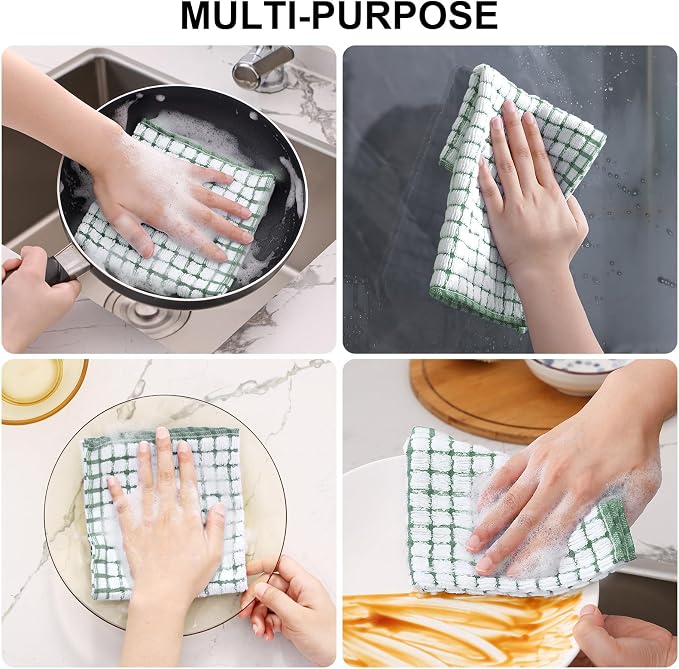Kitinjoy Cotton 12 Pack Terry Kitchen Dish Cloths, Grass Green | 12 x 12 Inches Super Soft and Absorbent Dish Rags, Quick Drying Dish towels for Washing Dishes