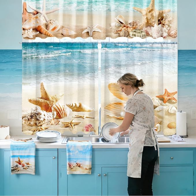 13 Pcs Beach Kitchen Decor Set 3 Seashell Kitchen Curtains Valance 2 Beach Rugs and Mats 4 Coastal Hand Towels 2 Pot Holders 2 Oven Mitts for Summer Home Decor Cooking Grilling Housewarming Gift