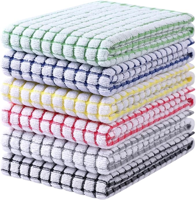Mordimy Cotton 6 Pack Terry Kitchen Towels, 16 x 25 Inches | Super Soft and Absorbent Dish Towels, Quick Drying Hand Towels for Kitchen Drying, Red/Blue/Black/Grey/Yellow/Green