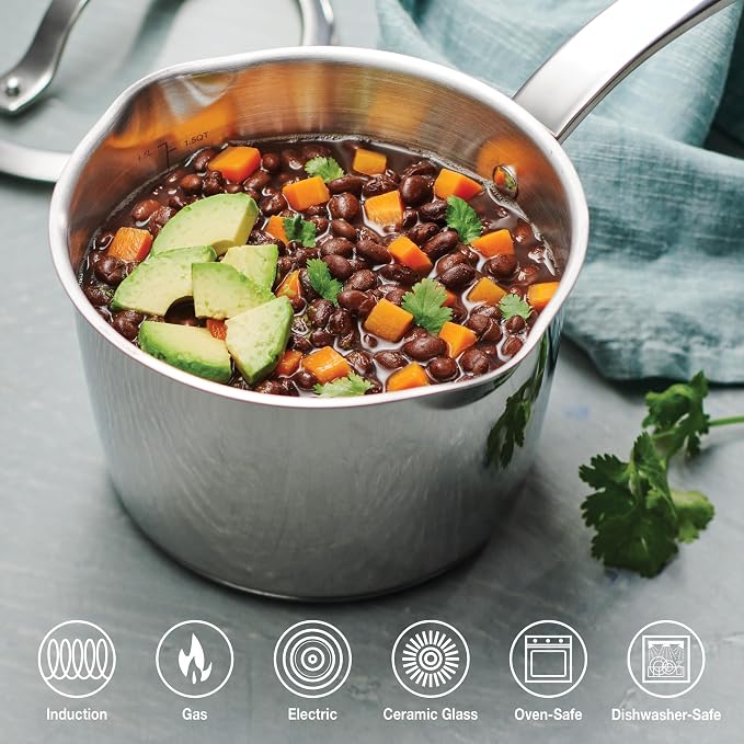 Tramontina Tempo Tri-Ply Base Stainless Steel 2-Qt Small Sauce Pan with Lid | Induction-Ready Saucepan, Oven-Safe, Dishwasher-Safe