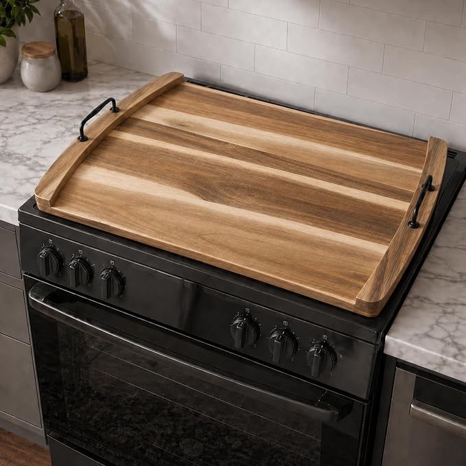 DHARANA Gas Electric Stove Top Cover Wooden Board Burner Glass RV Stovetop | Acacia Wood Noodle Boards 29*22*1.26