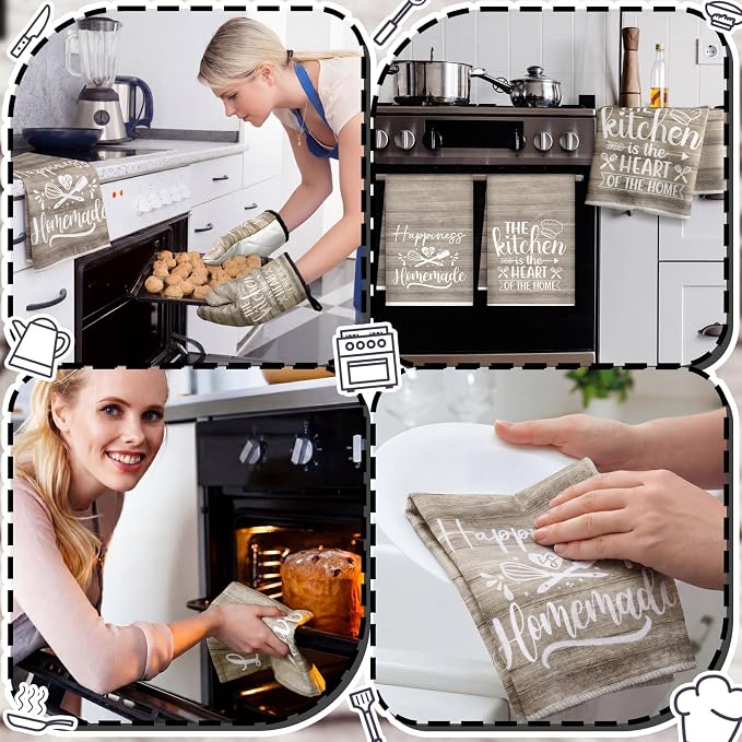 Sratte 6 Pcs Kitchen Decor Accessories Set, Kitchen, Brown Wood Grain | Farmhouse Kitchen Towels Pot Holders Oven Mitts Set 2 Dish Towels 2 Potholders 2 Cooking Mittens for Baking Cooking Supply