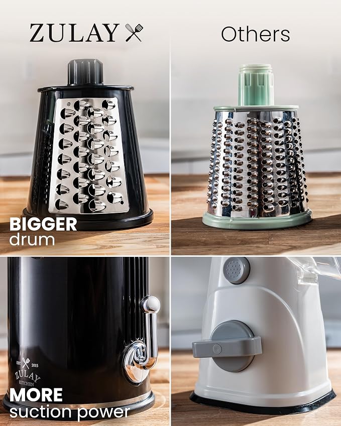 Zulay Kitchen Rotary Cheese Grater 5 Blade Cheese Shredder - Manual Hand Crank Cheese Grater With Reinforced Suction & 5 Interchangeable Drums - Easy to Use, Vegetable Chopper Round Mandoline Slicer