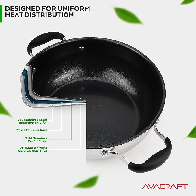 AVACRAFT Nonstick Everyday Pan, 9 inch, Ceramic Coating, Stainless Steel, Induction Compatible, Dishwasher Safe | PFAS-Free Ceramic Coating, Stainless Steel Body, Deep Multipurpose Design, Induction Compatible, Dishwasher Safe