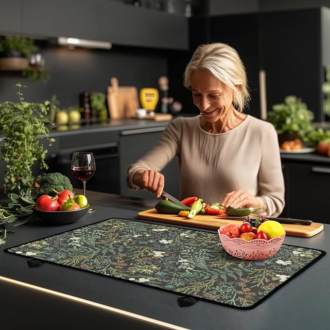 Botanical Print Stove Top Covers for Electric Stove Floral Black Sage Green Flower Plant Glass Top Gas Stove Pad Heat Resistant Range Cooktop Mat for Kitchen 28"x20"