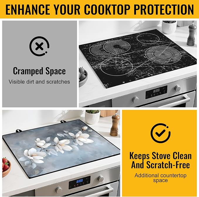 NYZE Stove Top Cover for Electric/Glass Stove, 28x20 Inch Stovetop Cover Flat Top Protector Dish Drying Mat for Kitchen (White Magnolia)